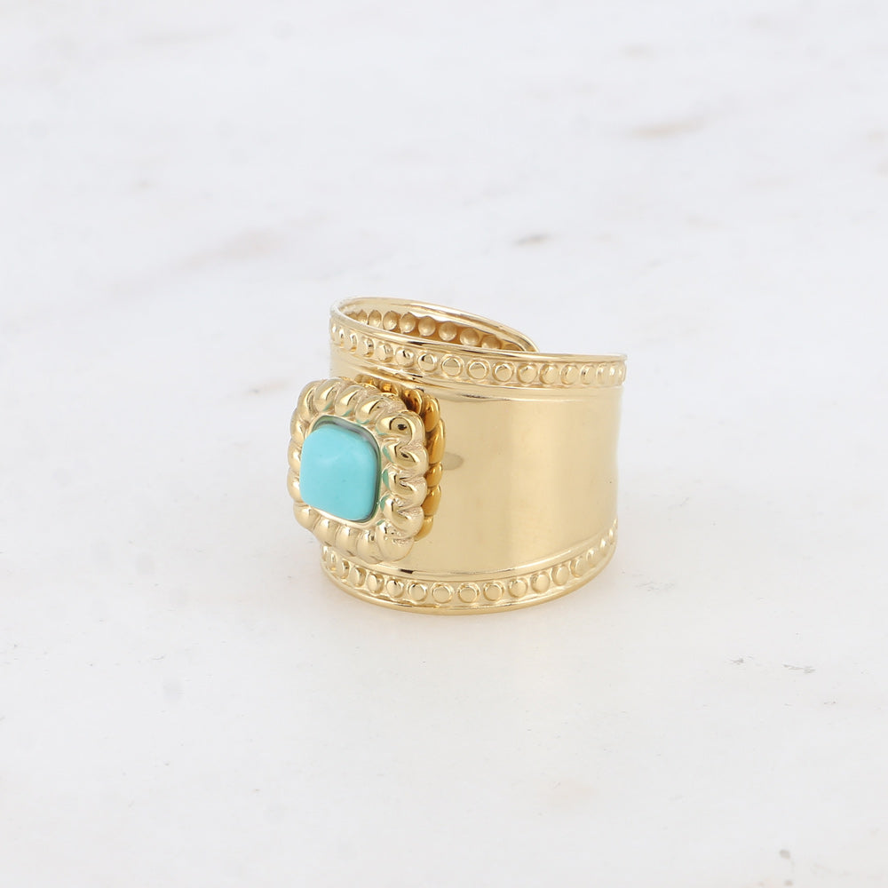 Bague large - pierre naturelle carré et motif tressé et ronds HOWLITE BLEUE