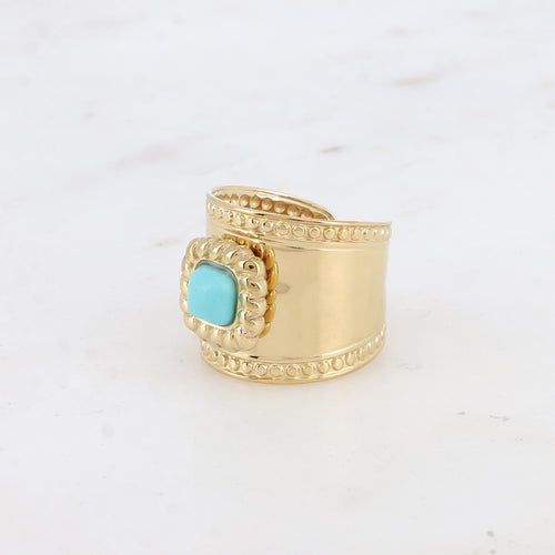 Bague large - pierre naturelle carré et motif tressé et ronds HOWLITE BLEUE