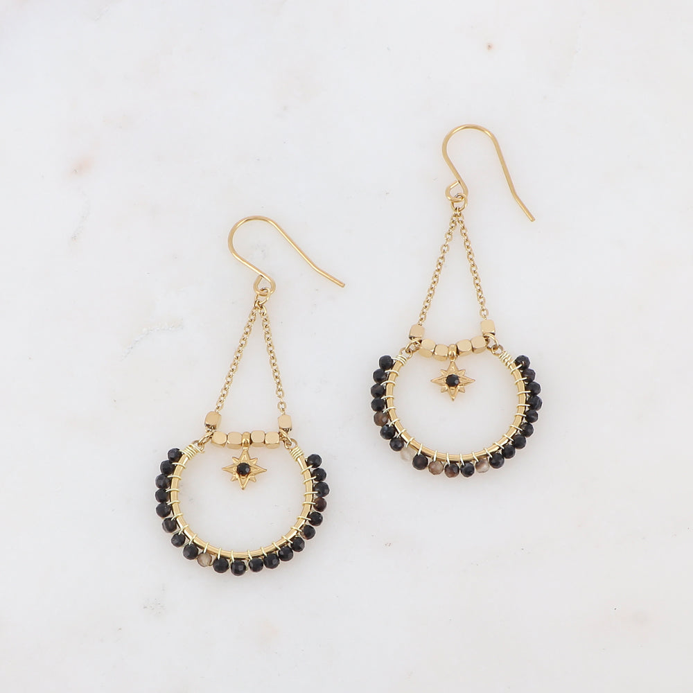 Boucles d'oreilles à crochet avec perles en pierres naturelles, pampille, étoile et strass
