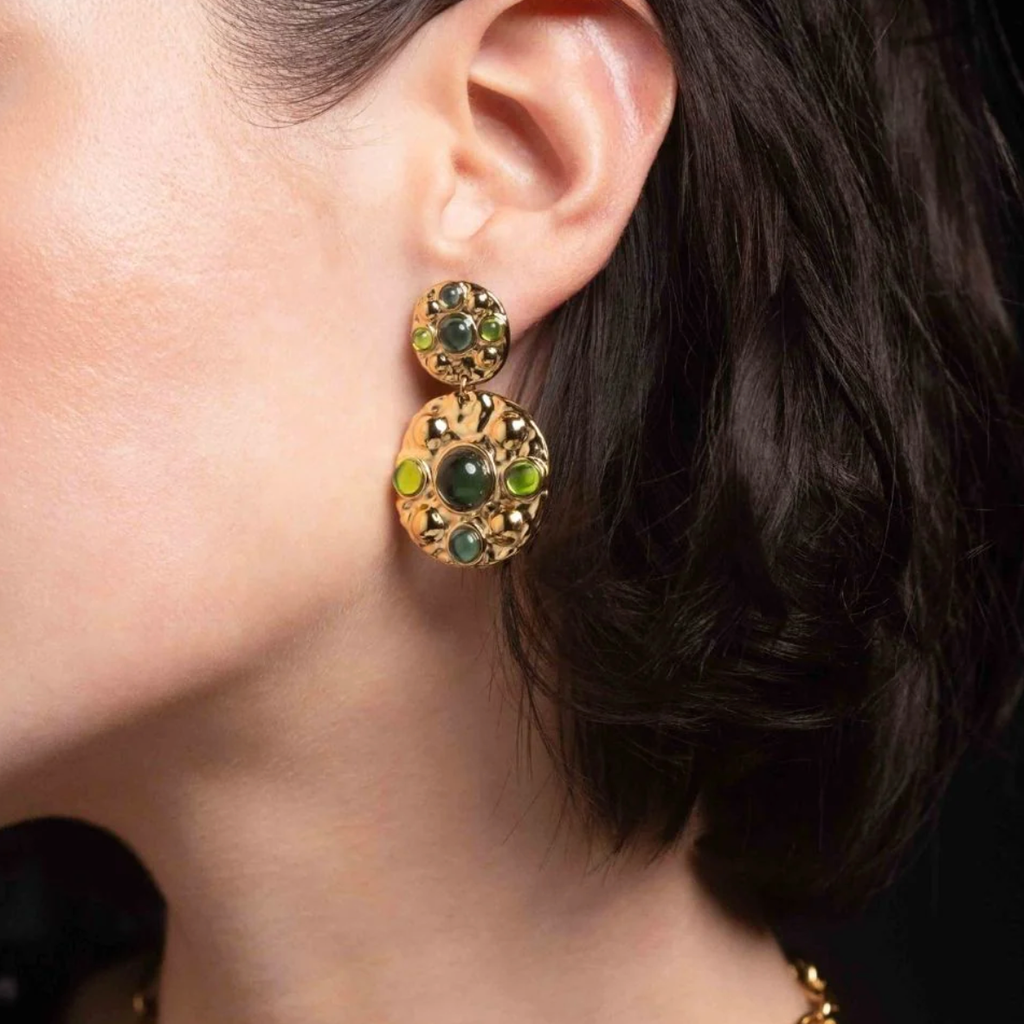 Boucles d'oreilles  à puce avec 2 pièces rondes et 8 pâtes de verre rondes