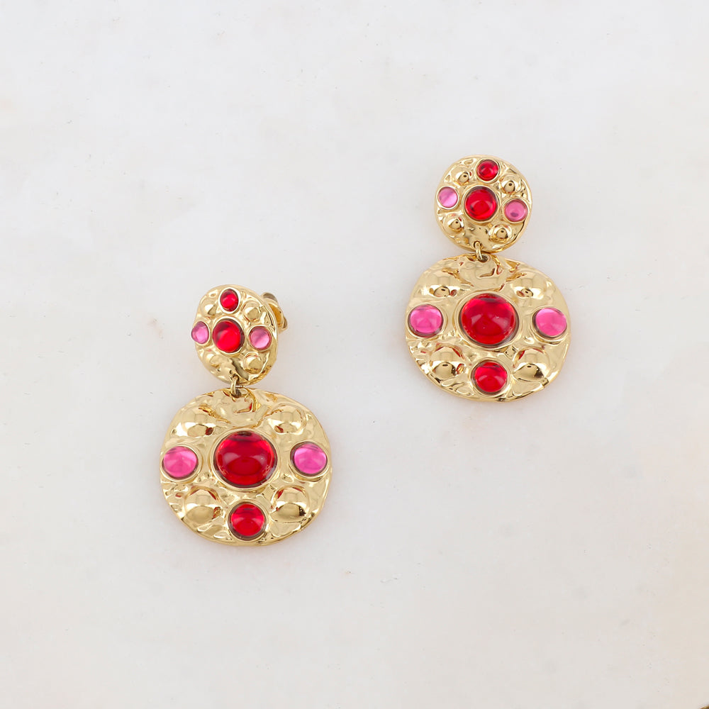 Boucles d'oreilles  à puce avec 2 pièces rondes et 8 pâtes de verre rondes