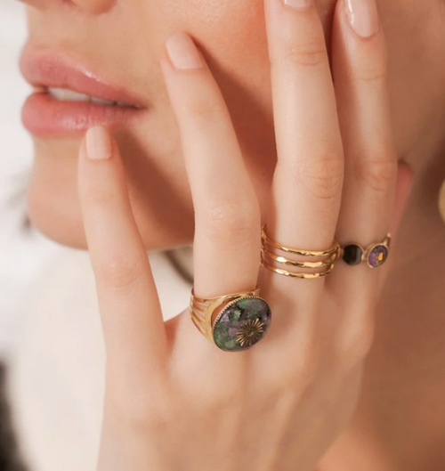 Bague 3 rangs avec pierre naturelle rectangulaire
