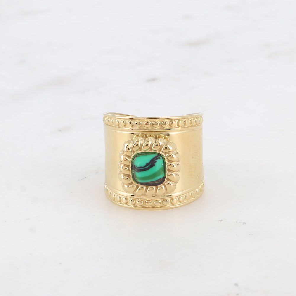 Bague large - pierre naturelle carré et motif tressé et ronds -MALACHIE