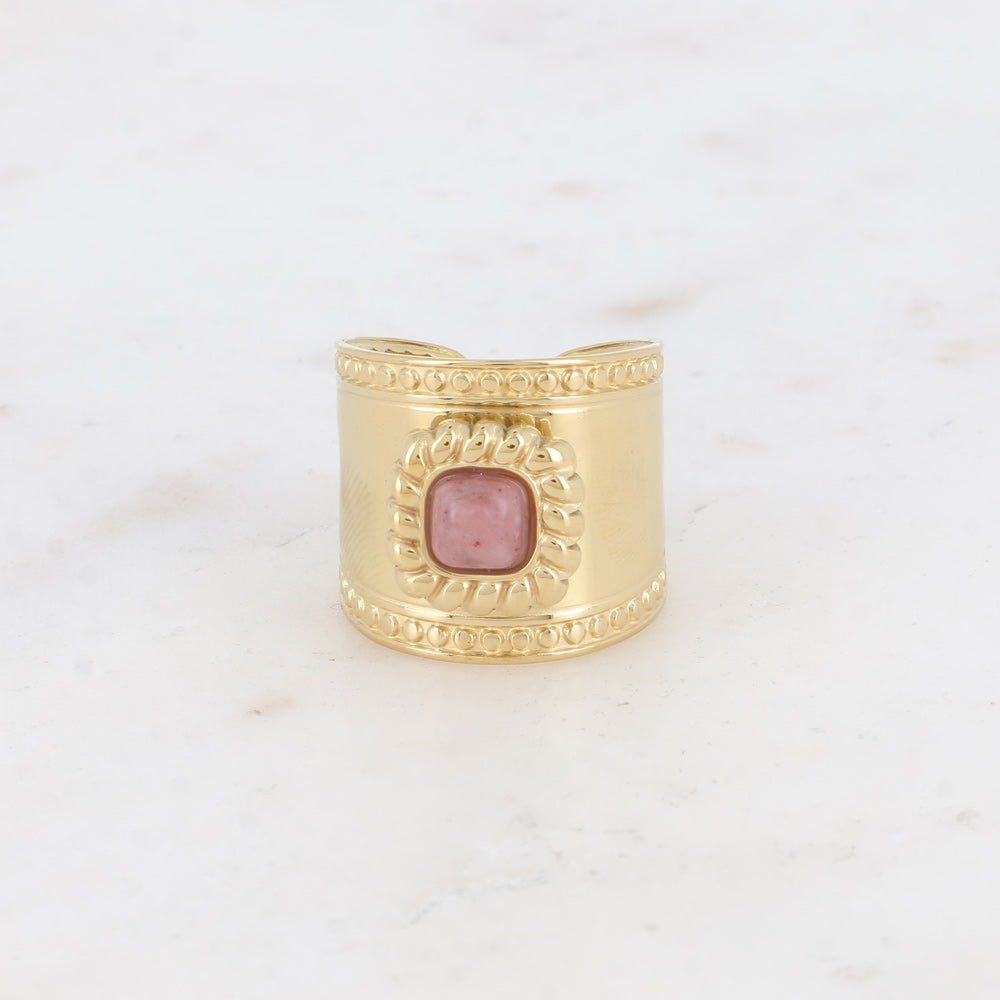 Bague large - pierre naturelle carré et motif tressé et ronds rhodonite
