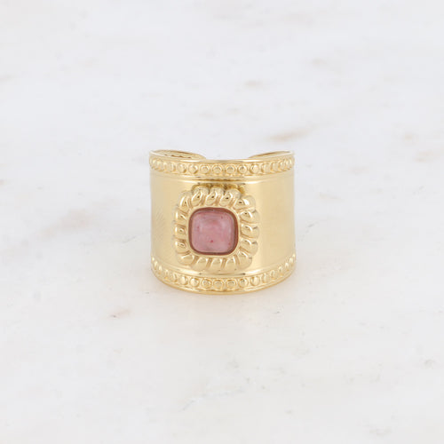 Bague large - pierre naturelle carré et motif tressé et ronds rhodonite