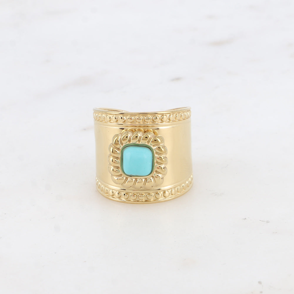 Bague large - pierre naturelle carré et motif tressé et ronds HOWLITE BLEUE
