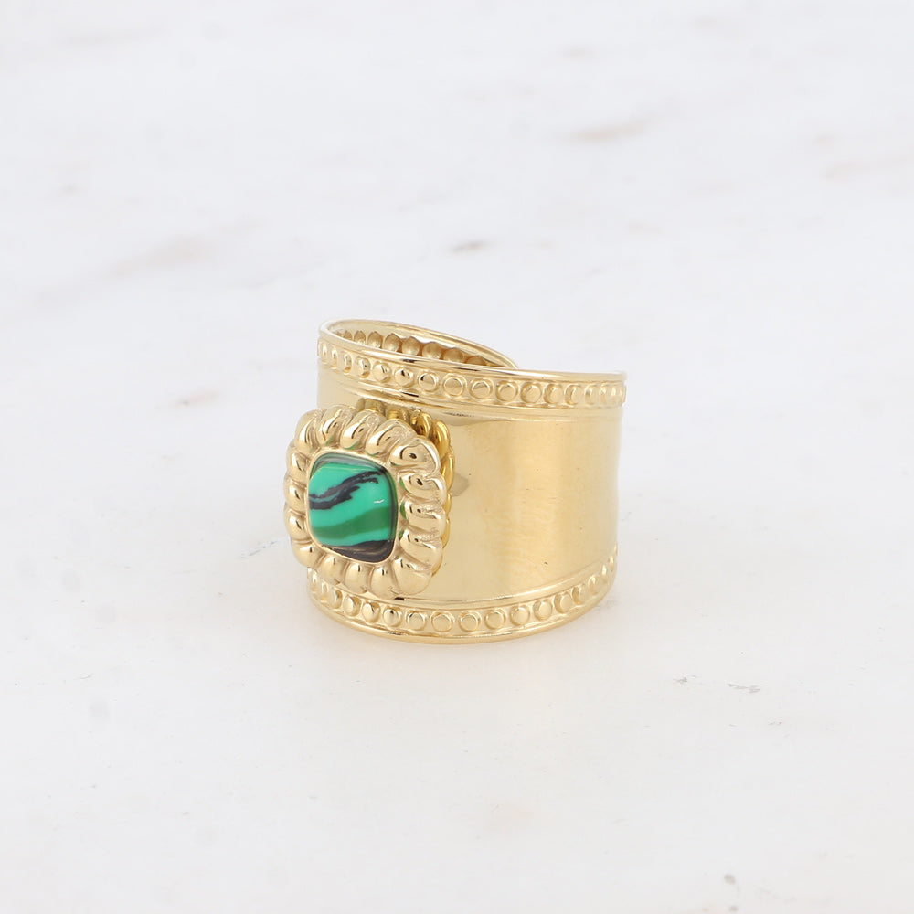 Bague large - pierre naturelle carré et motif tressé et ronds -MALACHIE