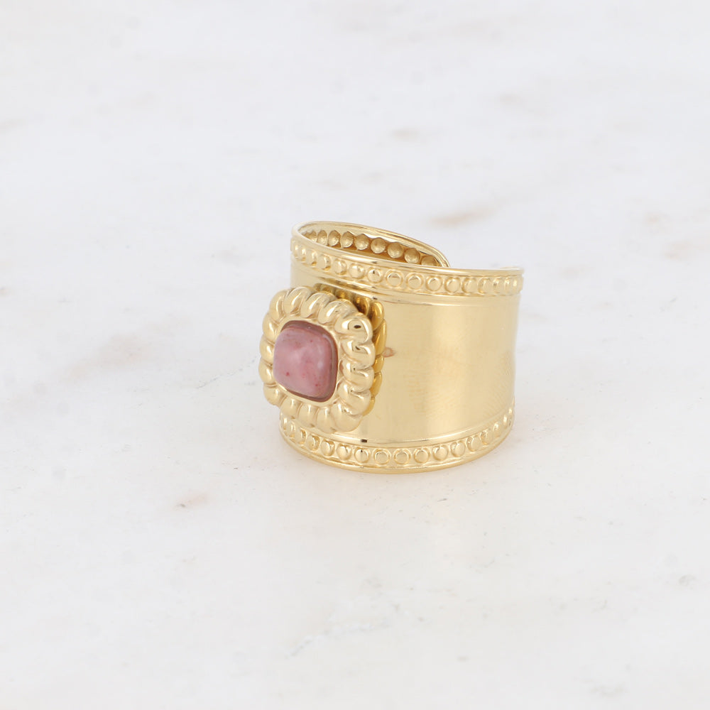 Bague large - pierre naturelle carré et motif tressé et ronds rhodonite