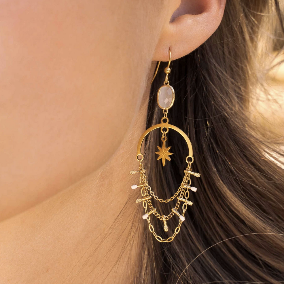 Boucles d'oreilles à crochet avec pâte de verre, émail et chaines
