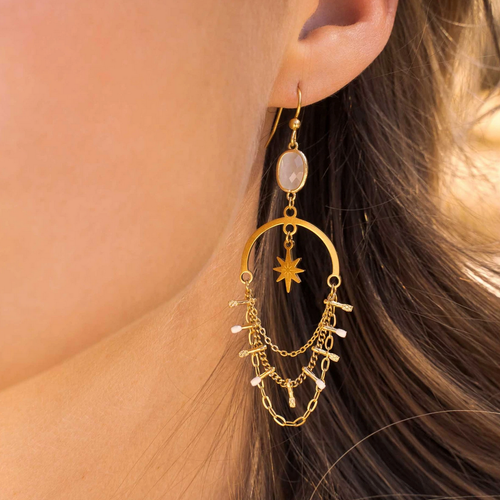 Boucles d'oreilles à crochet avec pâte de verre, émail et chaines