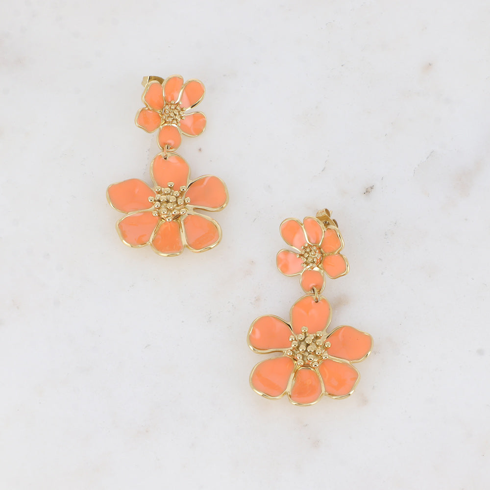 Boucles pendantes - double fleur émaillée orange