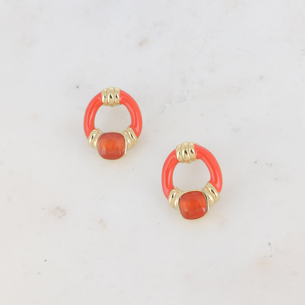 Boucles puces - ovale ajouré, émail et oeil de chat carré ORANGE