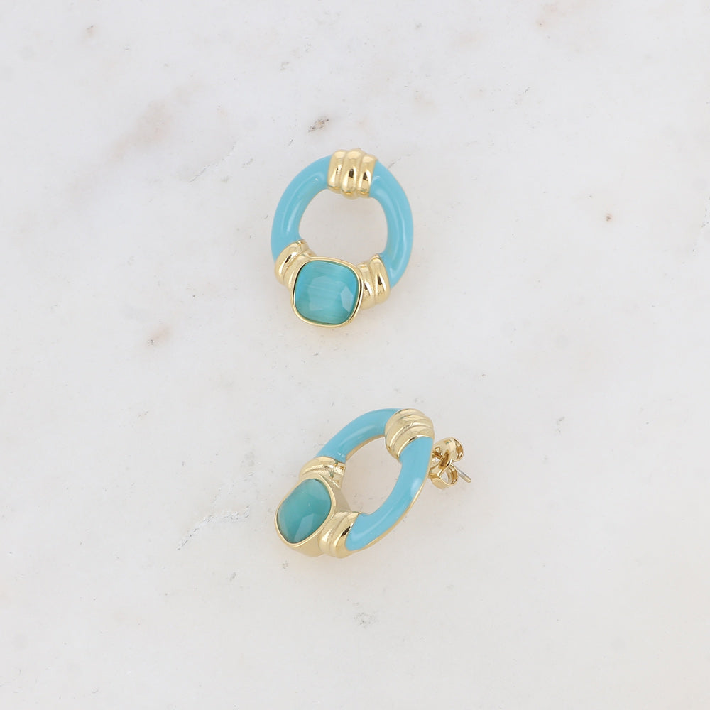 Boucles puces - ovale ajouré, émail et œil de chat carré denim