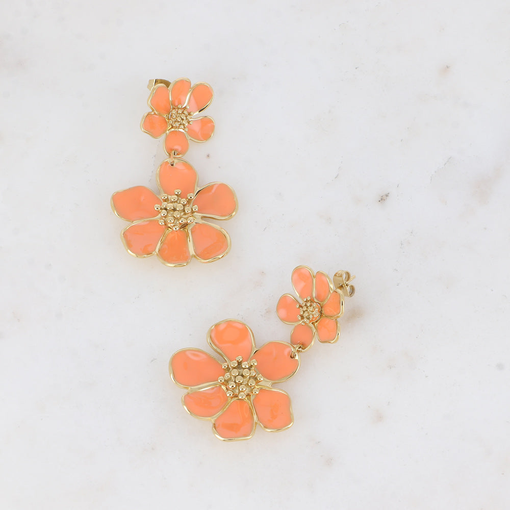 Boucles pendantes - double fleur émaillée orange