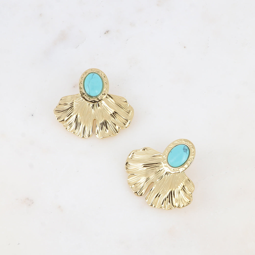 Boucles puces - feuille de ginko texturée et pierre naturelle HOWLITE BLEUE
