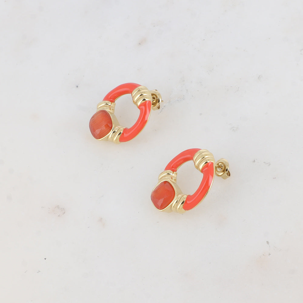 Boucles puces - ovale ajouré, émail et oeil de chat carré ORANGE