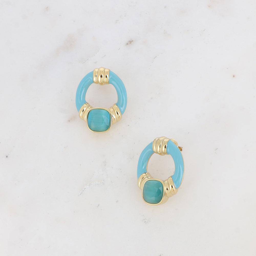Boucles puces - ovale ajouré, émail et œil de chat carré denim
