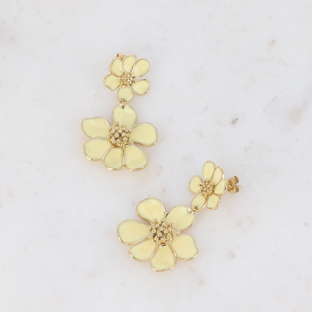 Boucles pendantes - double fleur émaillée Jaune