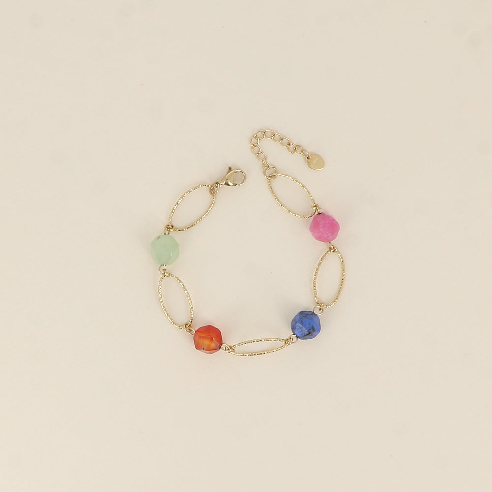 Bracelet - maillons ovales striés et pierres naturelles