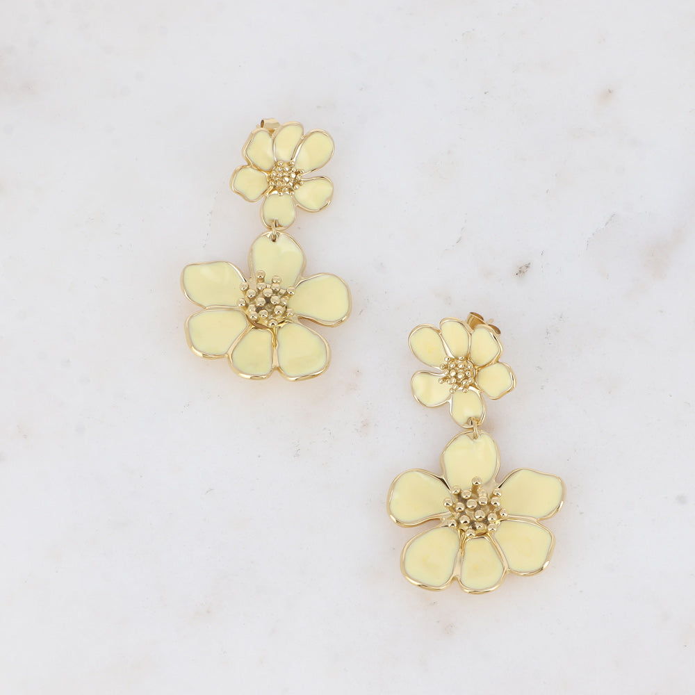 Boucles pendantes - double fleur émaillée Jaune
