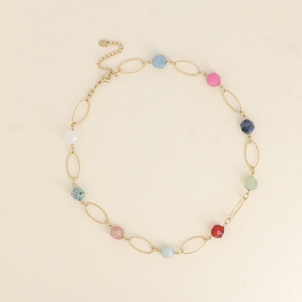 Collier - maillons ovales striés et pierres naturelles