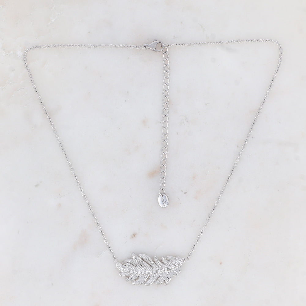 Collier - plume et oxydes de zirconium acier argenté