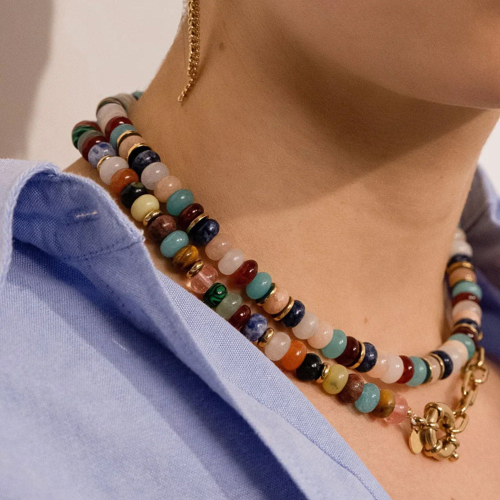 Collier Austyn - maille ovale et pierres naturelles agate verte