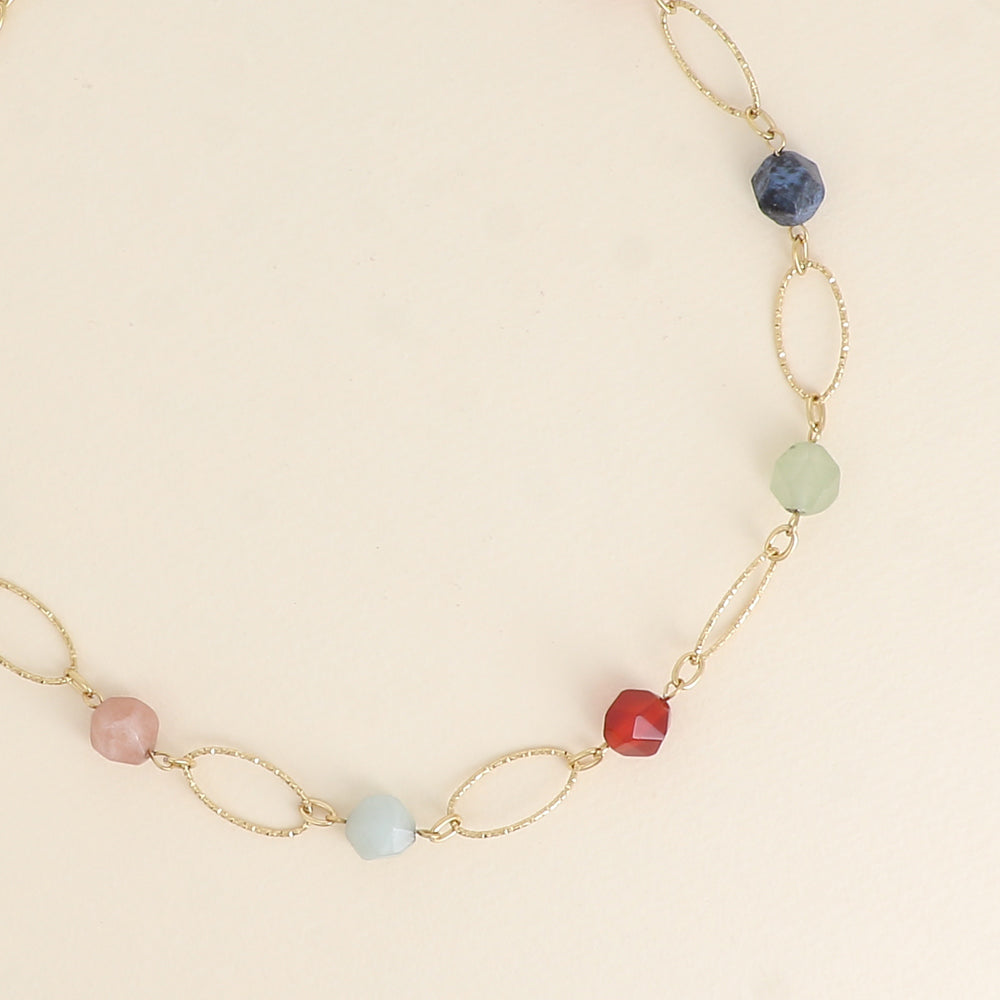 Collier - maillons ovales striés et pierres naturelles