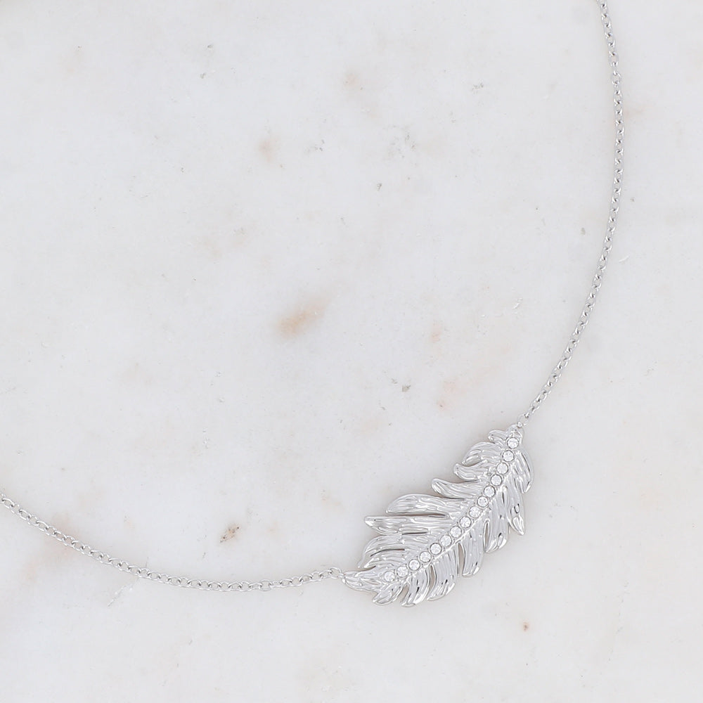 Collier - plume et oxydes de zirconium acier argenté