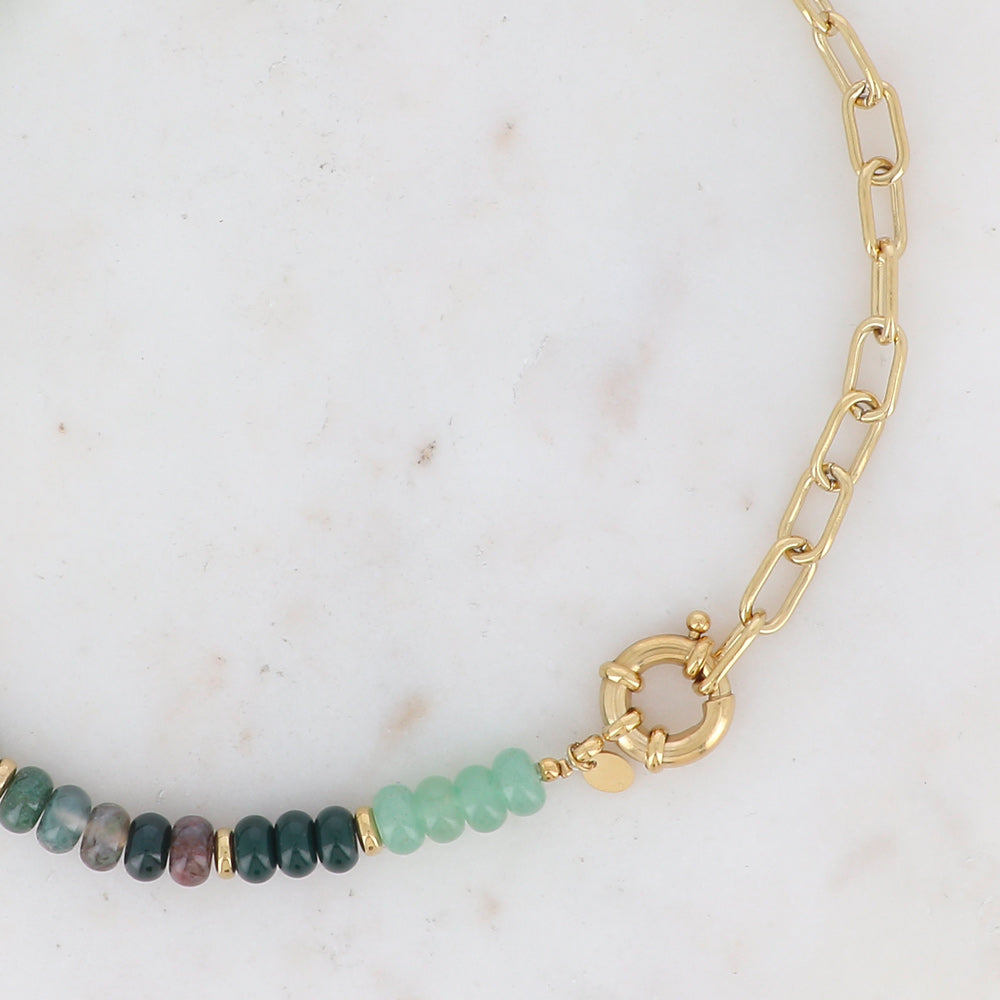 Collier Austyn - maille ovale et pierres naturelles agate verte