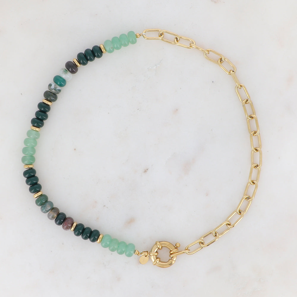 Collier Austyn - maille ovale et pierres naturelles agate verte
