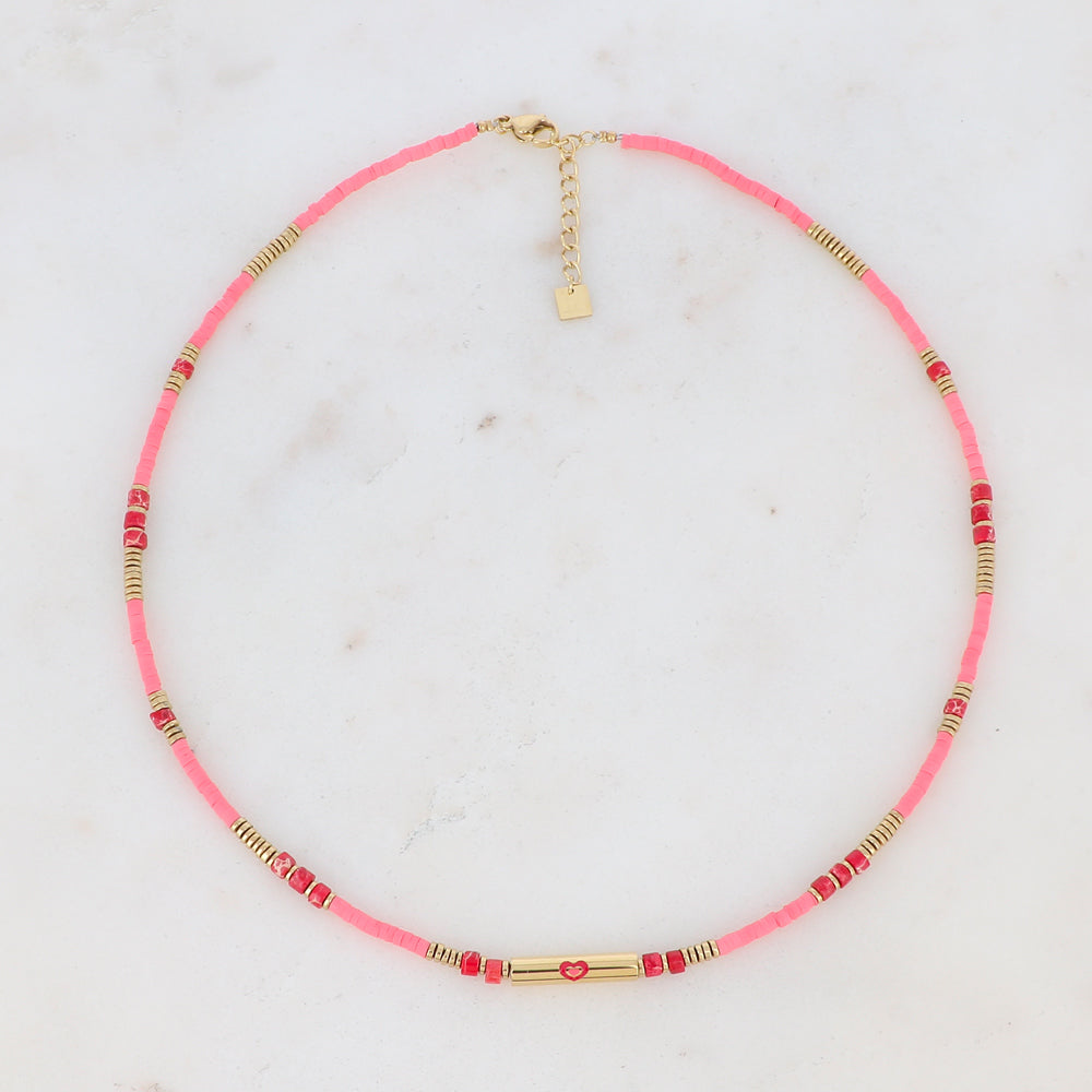 Collier doré avec coeur en émail rouge et pierres Jaspes impérial rouge