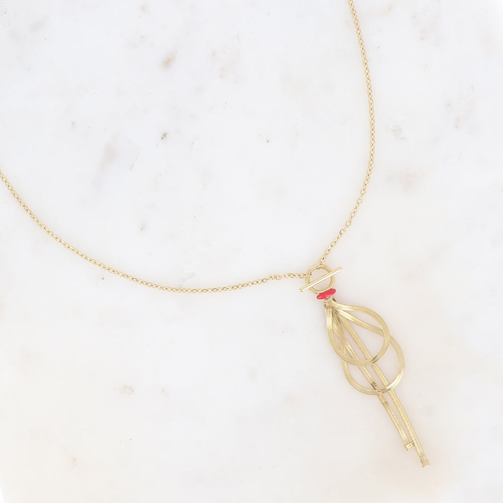 Long collier - anneau ovale avec émail et mailles miroir pendantes rouge