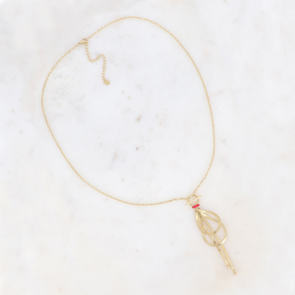 Long collier - anneau ovale avec émail et mailles miroir pendantes rouge