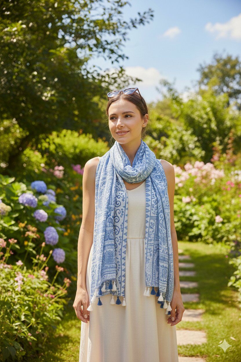 Foulard écharpe imprime avec franges bleu