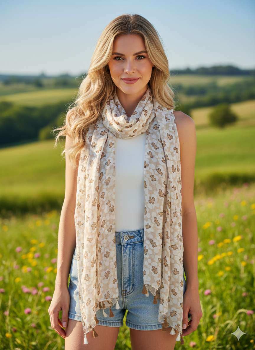Foulard écharpe imprime fleur avec franges beige